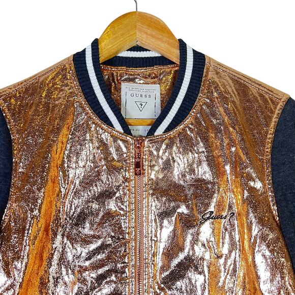 Guess Bomber Jacket Womens M Gold Gray Metallic Foil Varsity Zip Shiny Y2K Glam - Picture 2 of 6